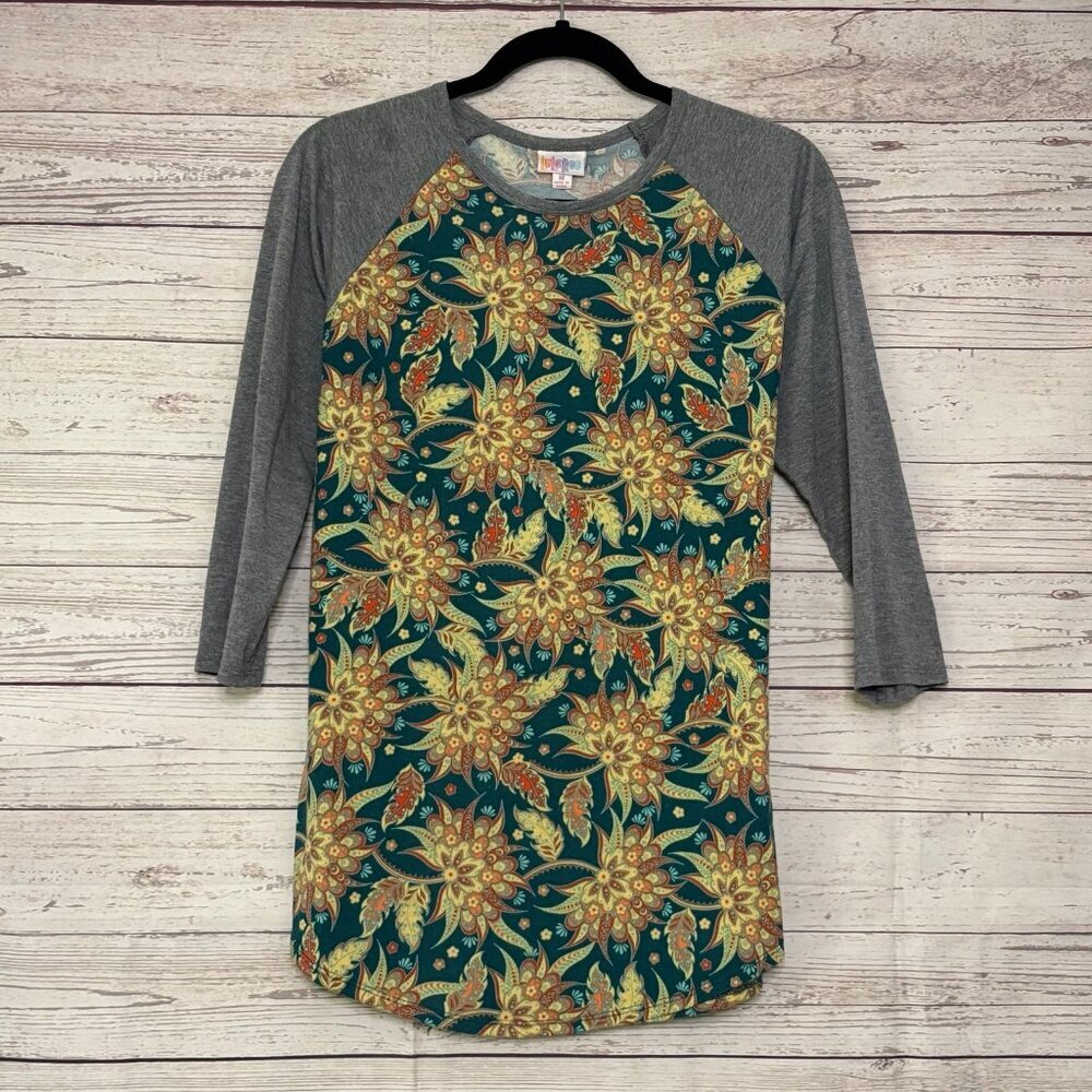 LuLaRoe Randy Green Floral Body Grey Sleeve Medium